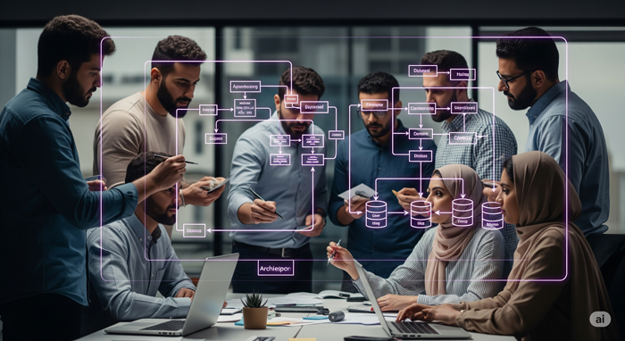 A team of Varx Soft software developers architecting a system on a whiteboard