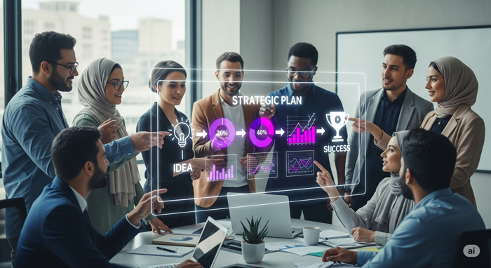 A team collaborating on a product strategy workshop with a whiteboard