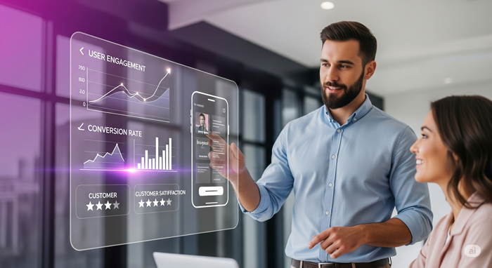 A UI/UX designer presenting a mobile app prototype to a client